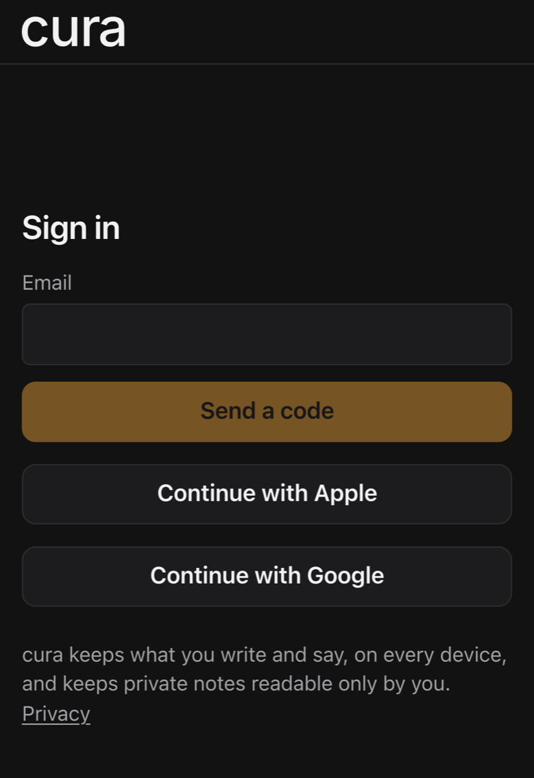 cura's sign-in screen: the cura wordmark, an email field with Send a code, and Continue with Apple and Continue with Google