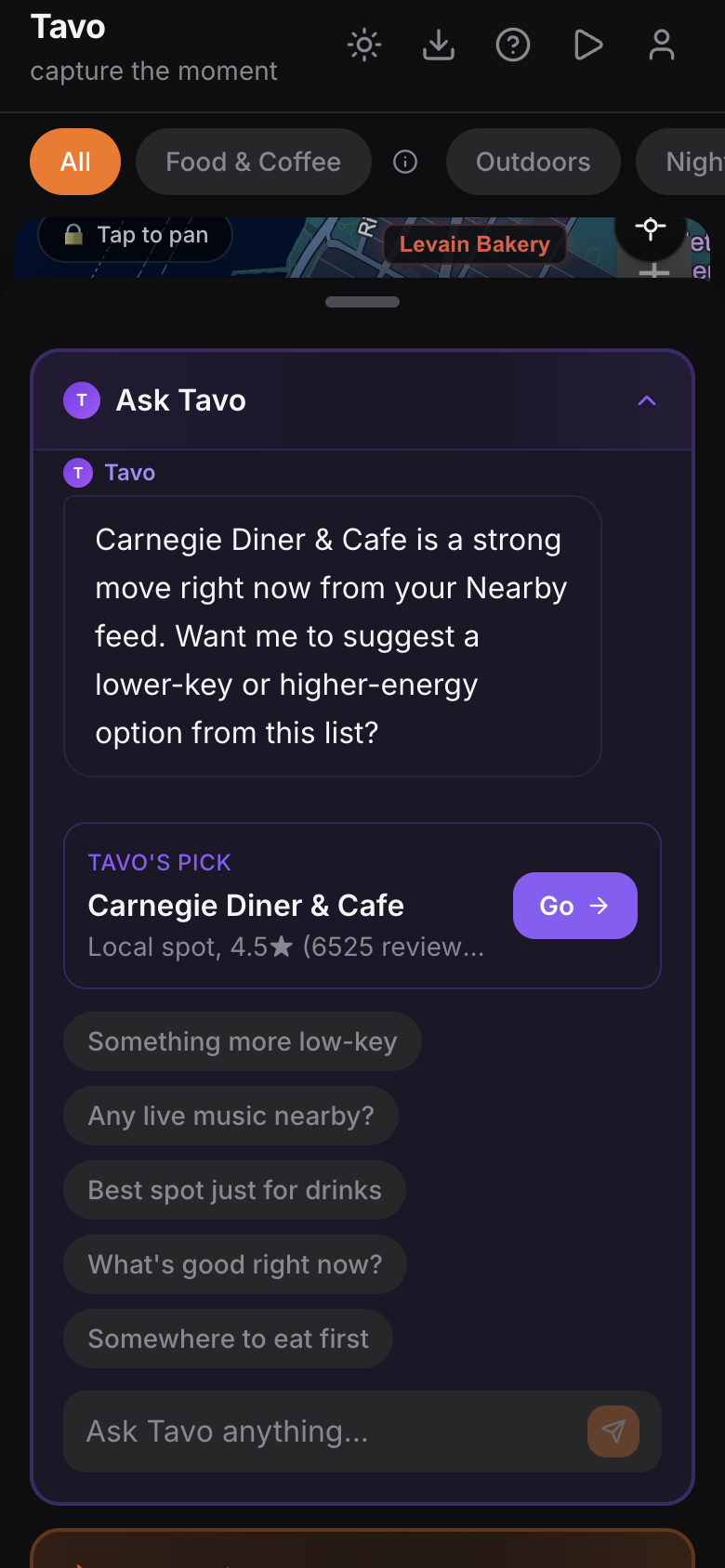 Ask Tavo answering with a pick from the live nearby feed
