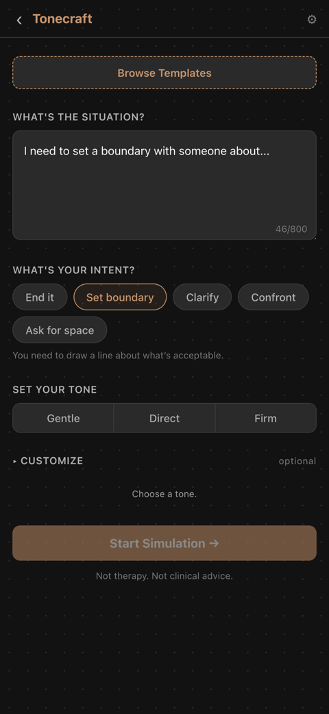 Tonecraft conversation setup screen